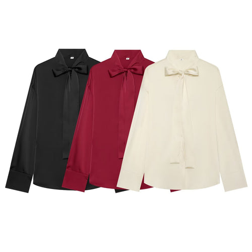 Damen Seidenähnliche Bluse mit Bindeschleife, Oversize-Schnitt und verdeckter Knopfleiste Shop Nory