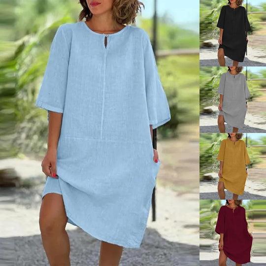Damen luftig geschnittenes Kleid mit praktischen Taschen und elegantem Ausschnitt