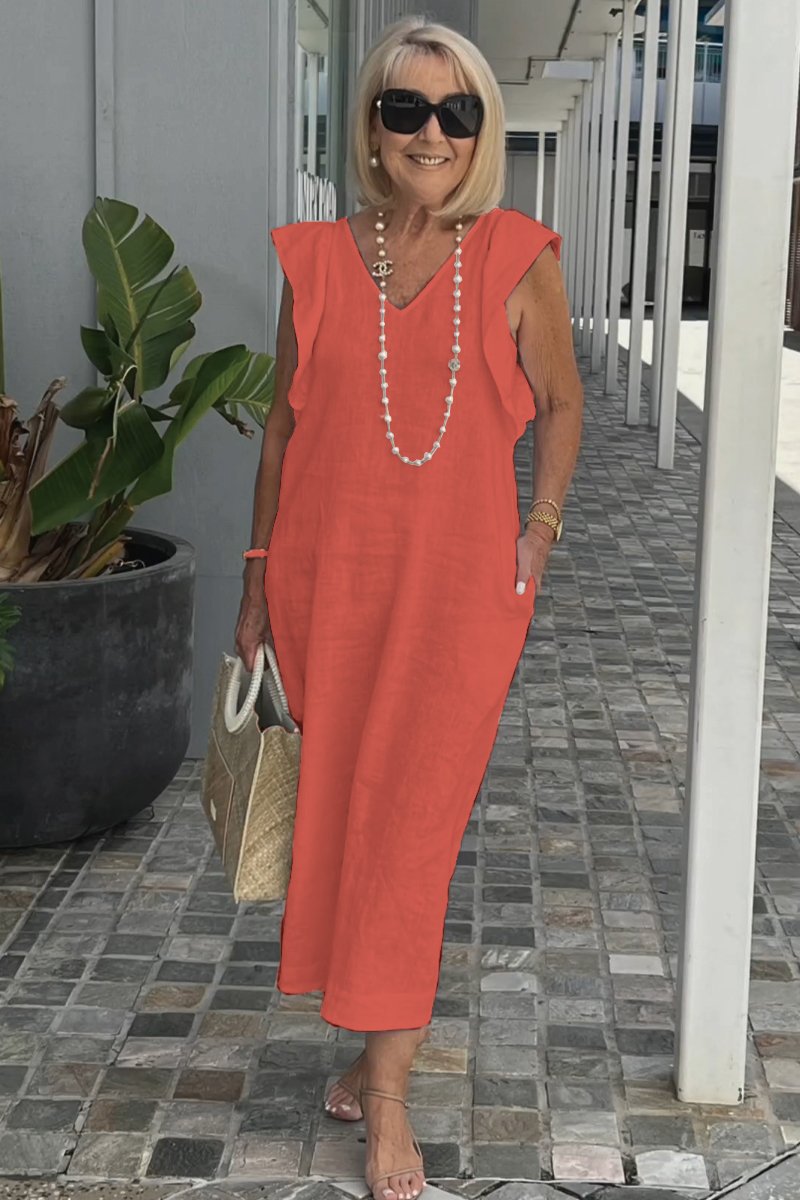 Damen Maxikleid mit V-Ausschnitt und angeschnittenem Ärmel