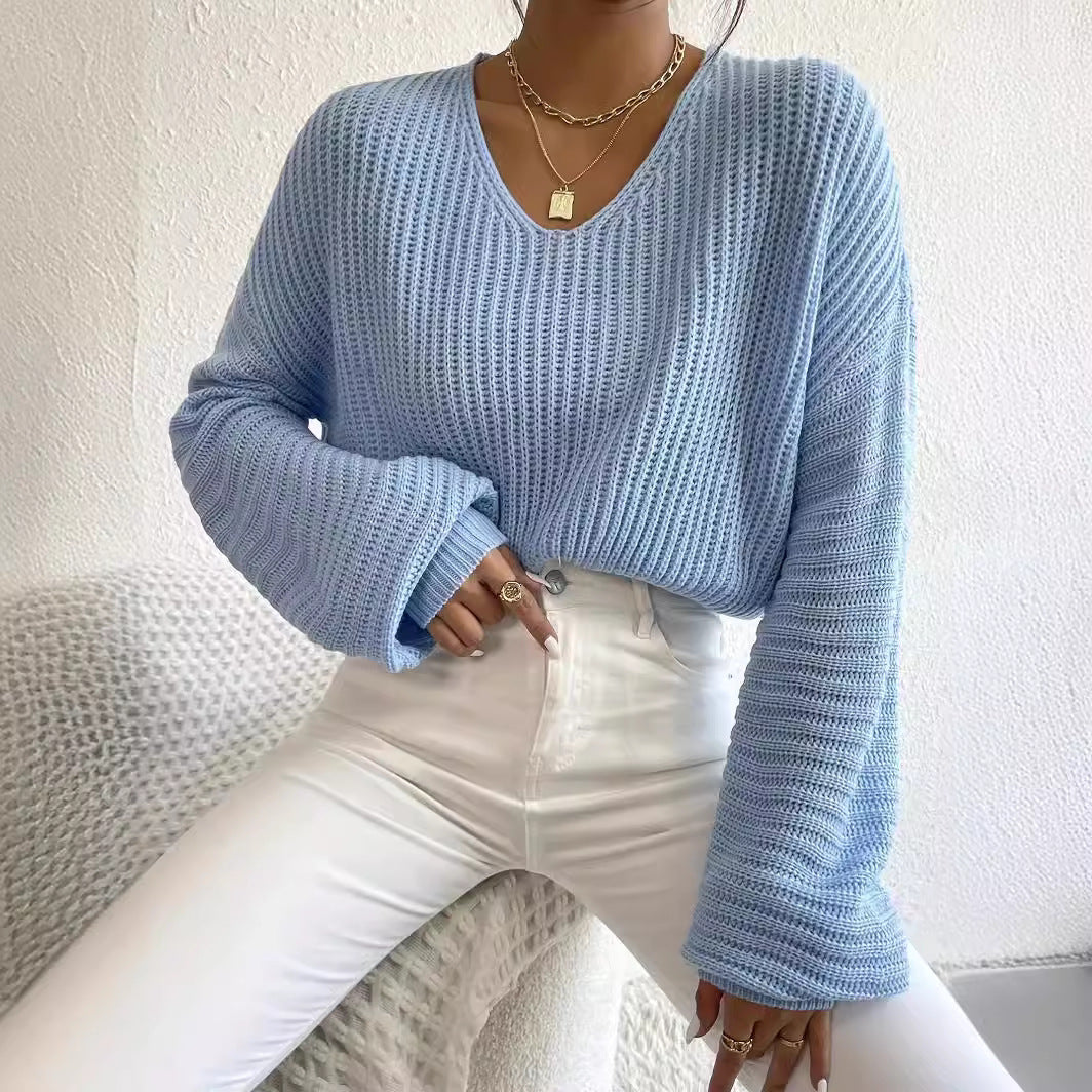 Damen V-Pullover mit weiten Ärmeln und strukturiertem Strickmuster