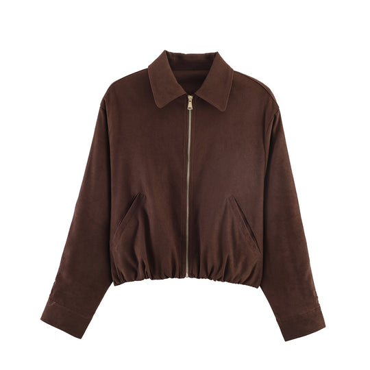 Damen Kurz geschnittener Wildlederoptik-Blouson mit Reißverschluss, elastischem Saum und schrägen Eingrifftaschen Shop Nory