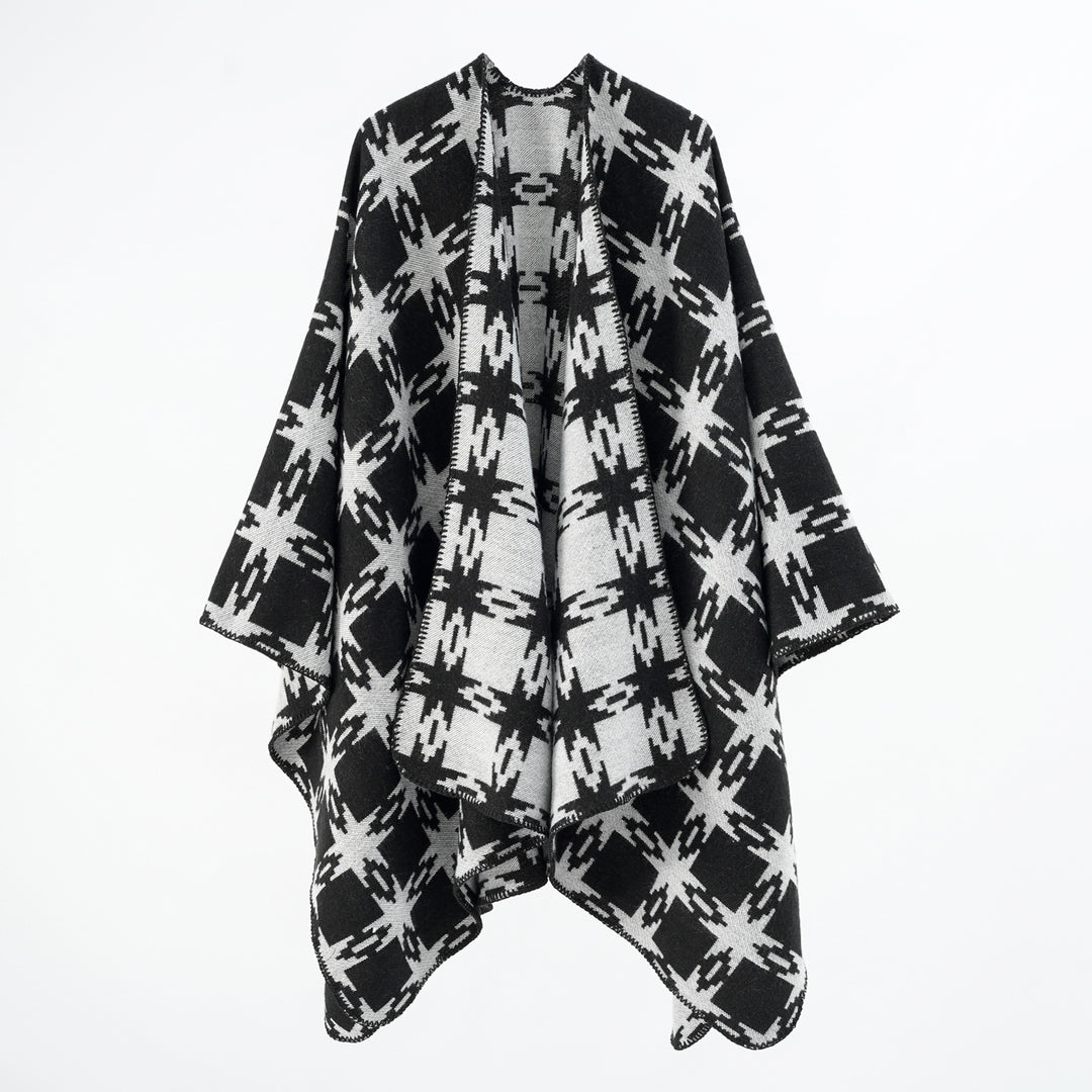 Damen Oversize-Jacquard-Cape mit Sternmotiv und kontrastierter Kettelkante Shop Nory