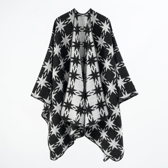 Damen Oversize-Jacquard-Cape mit Sternmotiv und kontrastierter Kettelkante Shop Nory