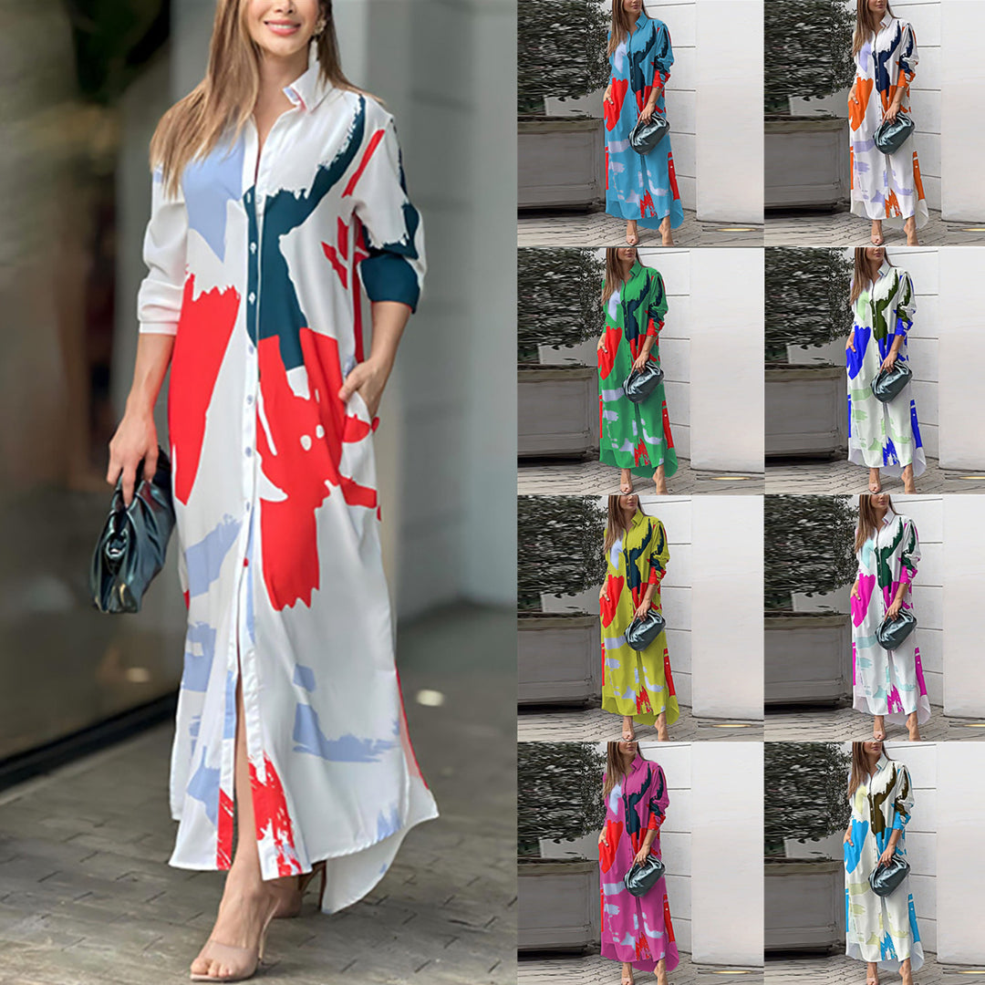 Damen Langes Hemdblusenkleid mit abstraktem Pinselprint und seitlichen Eingrifftaschen Shop Nory