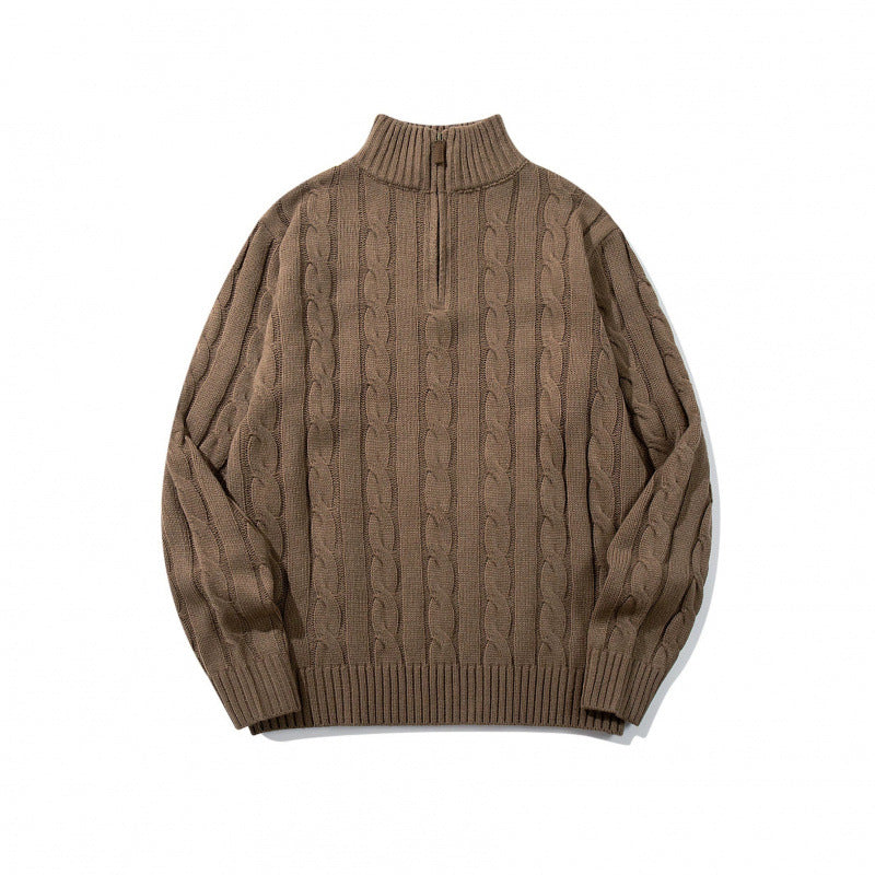 Unisex Grobgestrickter Halbreißverschluss-Zopfmuster-Pullover mit Stehkragen und gerippten Abschlüssen Shop Nory