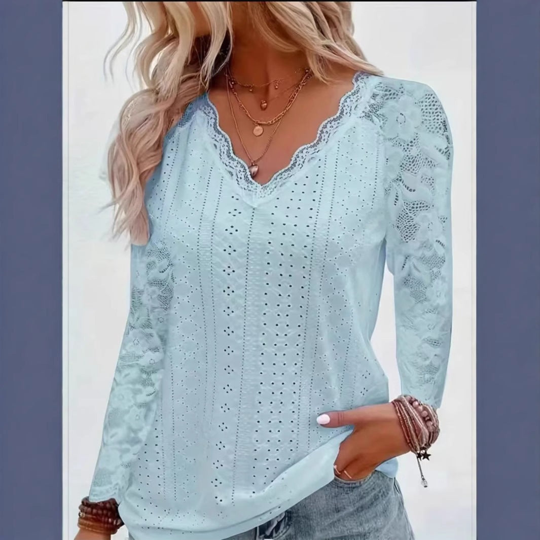 Damen Langarmbluse aus Lochstickerei mit Spitzen‑V‑Ausschnitt und floralem Netzärmel Shop Nory