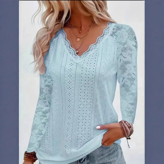 Damen Langarmbluse aus Lochstickerei mit Spitzen‑V‑Ausschnitt und floralem Netzärmel Shop Nory