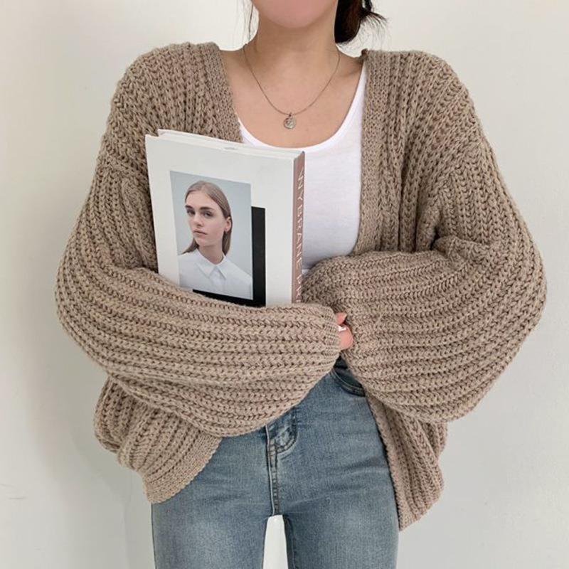 Damen grob gestrickte Oversized Cardigan mit tiefem V-Ausschnitt