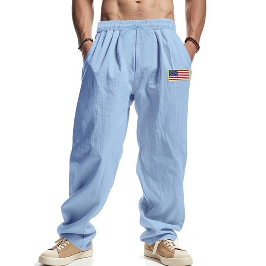 Herren Locker sitzende Freizeit-Hose im Leinen-Look mit elastischem Bund, Kordelzug & Flaggenpatch Shop Nory