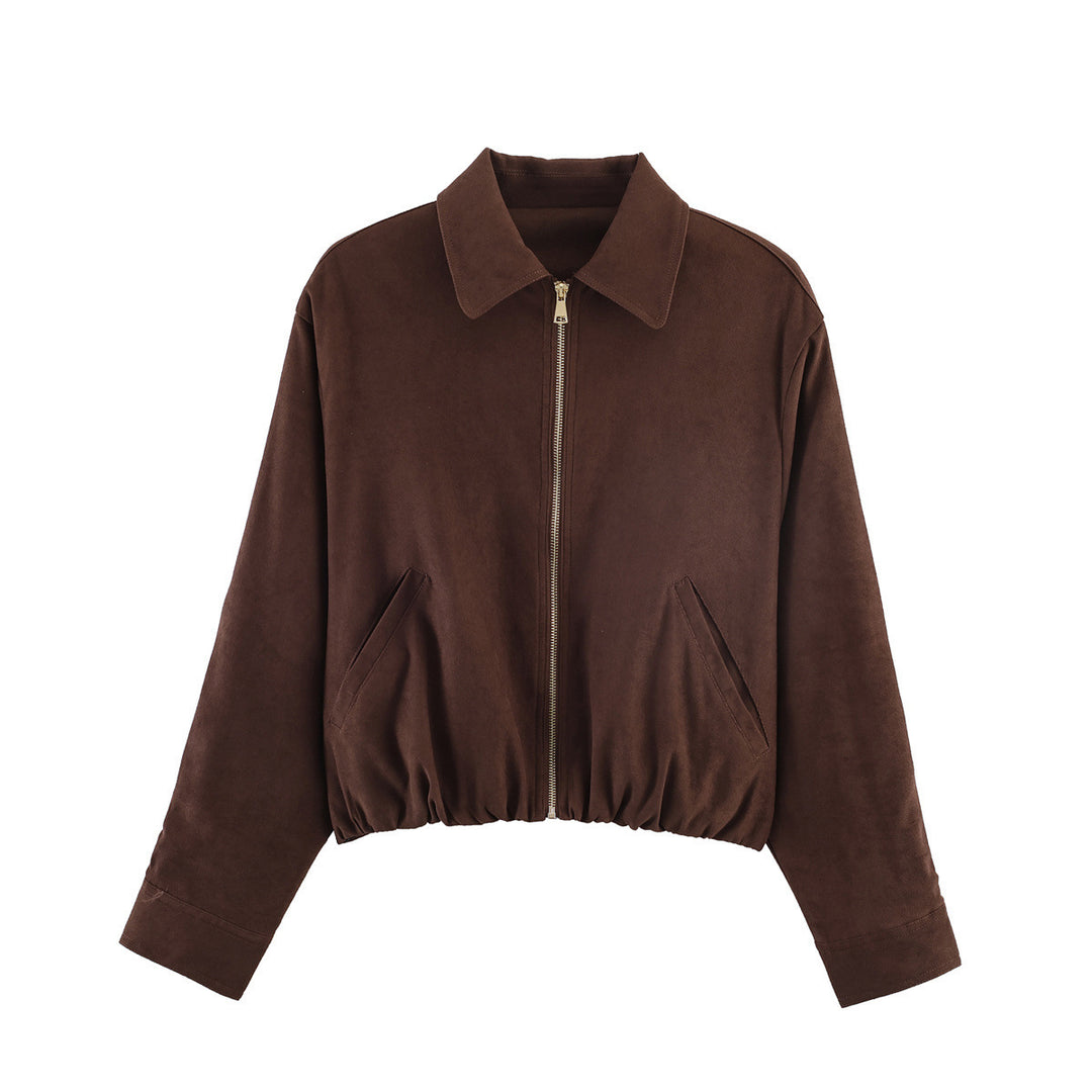 Damen Kurz geschnittene Veloursleder-Optik Bomberjacke mit Reißverschluss Shop Nory