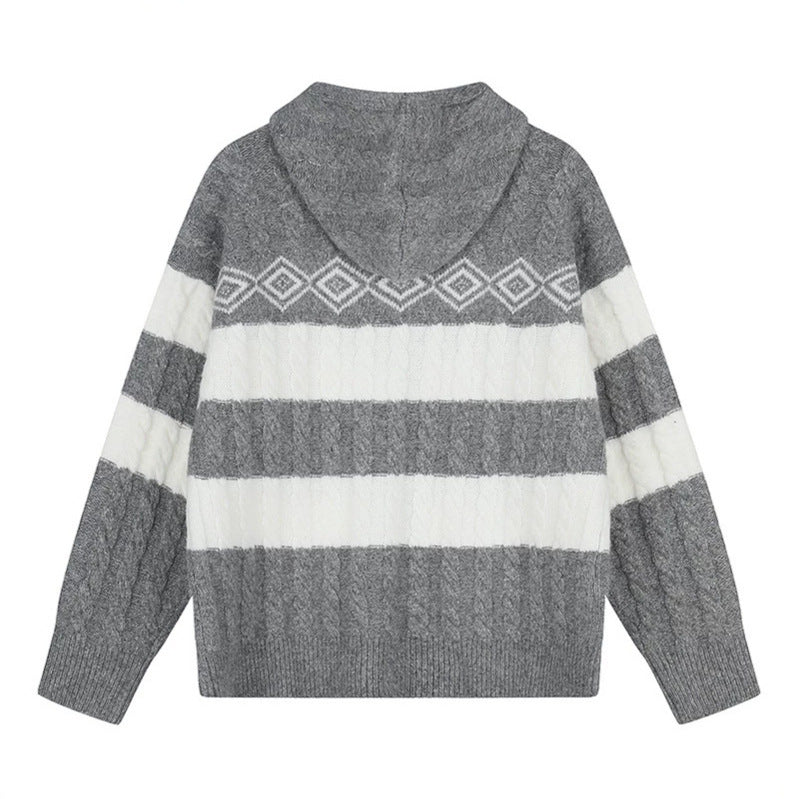 Damen Grobstrick-Kapuzencardigan mit Zopfstrick, Blockstreifen und durchgehendem Reißverschluss Shop Nory