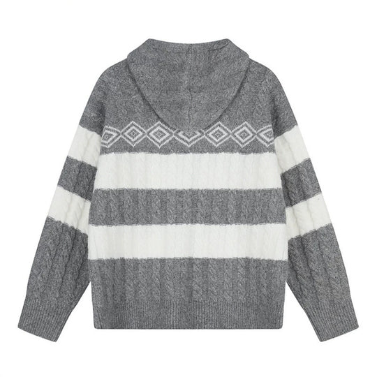 Damen Grobstrick-Kapuzencardigan mit Zopfstrick, Blockstreifen und durchgehendem Reißverschluss Shop Nory