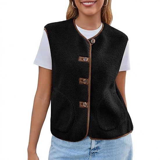 Damen Teddy-Fleeceweste mit Knopfleiste und Eingrifftaschen Shop Nory