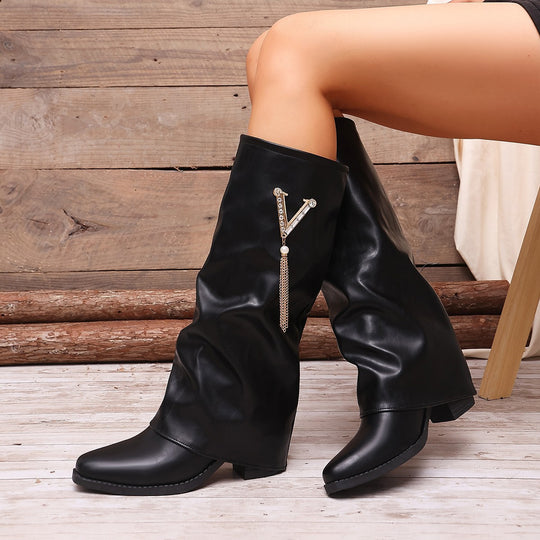 Damen Kniehohe Slouch‑Stiefel mit Strassbesatz und mittlerem Blockabsatz Shop Nory