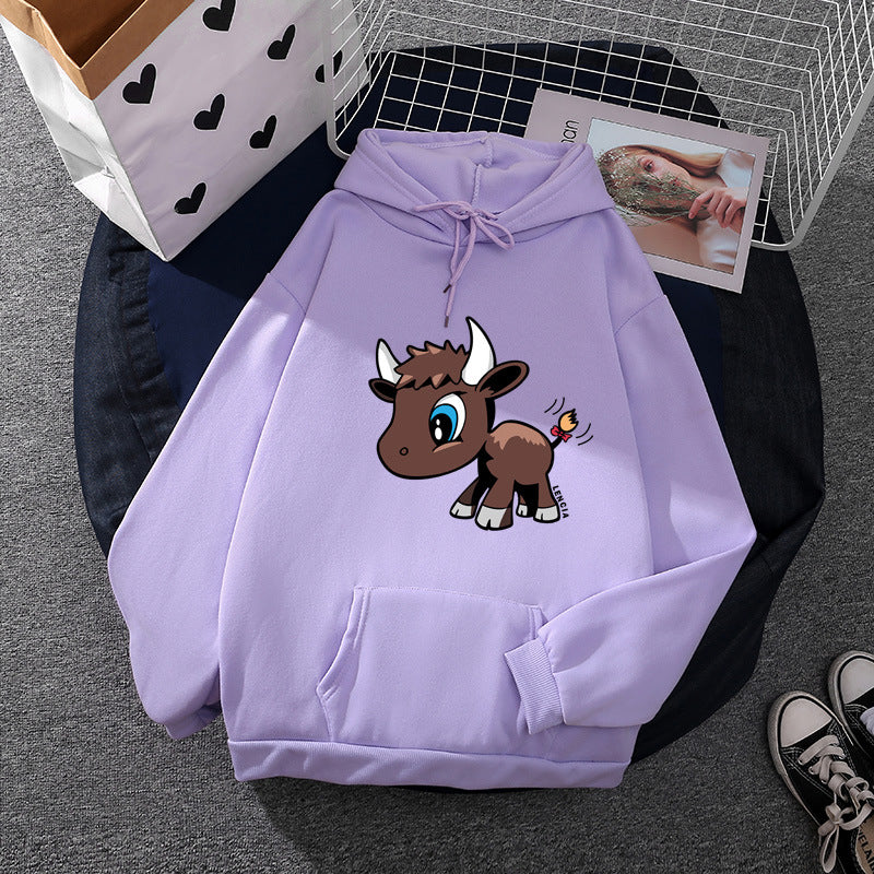 Damen nan Kapuzenpullover mit charmantem Stier-Karikaturprint, Kängurutasche und entspanntem Oversize-Schnitt Shop Nory
