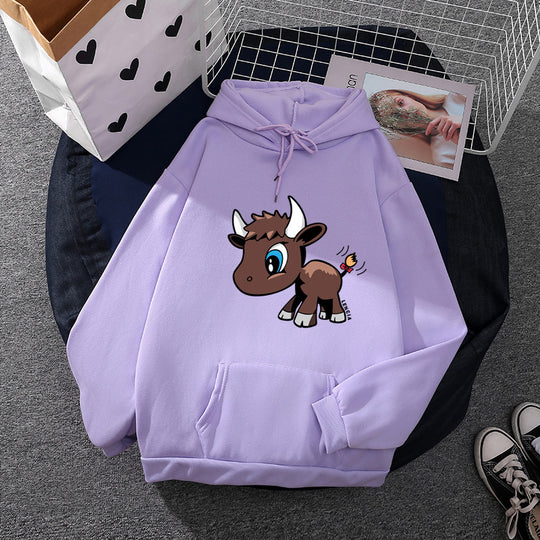 Damen nan Kapuzenpullover mit charmantem Stier-Karikaturprint, Kängurutasche und entspanntem Oversize-Schnitt Shop Nory