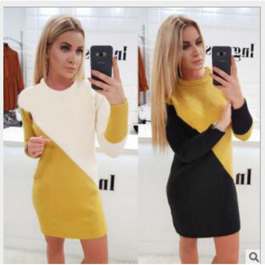 Damen Figurbetontes gestricktes Minikleid mit diagonalem Colorblock und Rundhalsausschnitt Shop Nory