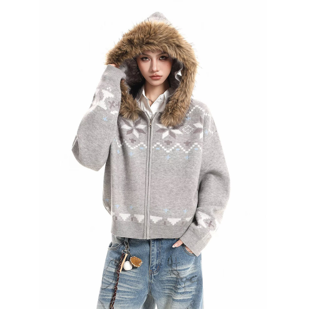 Damen Kapuzensweatjacke mit Kunstfell Kragen und Norweger-Muster Shop Nory