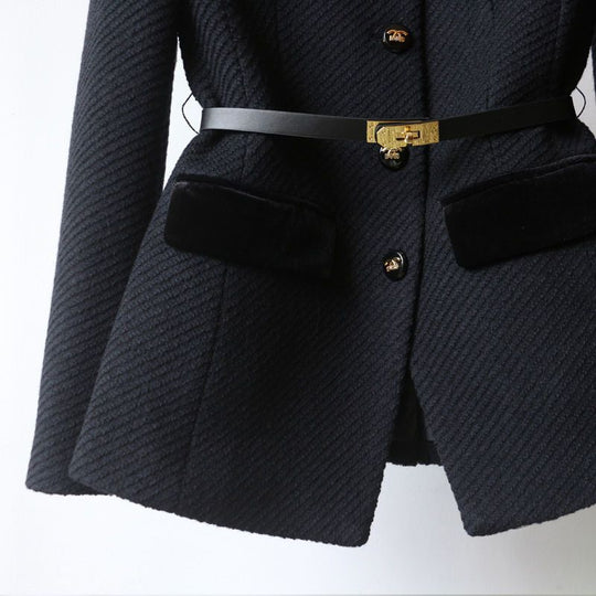 Damen Elegante Bouclé-Blazerjacke mit Samtbesatz und Taillengürtel Shop Nory