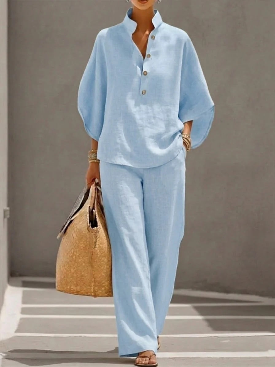 Damen Lockeres Leinenoptik-Zweiteiler mit Stehkragenbluse und weitem Palazzo-Hose Shop Nory