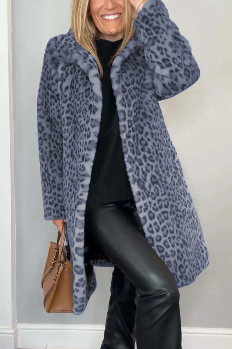 Mantel - Kunstpelz - Oversized Fit - Reverskragen - Leopardenprint