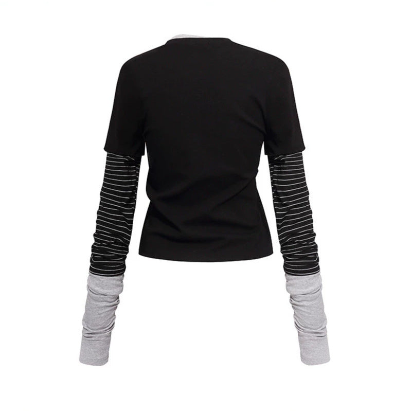 Damen Lagenlook-Langarmshirt mit gestreiften Einsatzärmeln und Badge Shop Nory