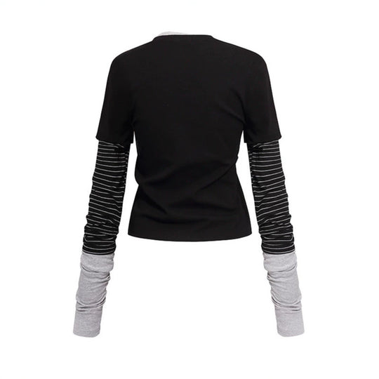 Damen Lagenlook-Langarmshirt mit gestreiften Einsatzärmeln und Badge Shop Nory