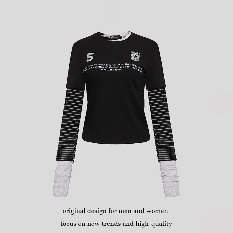 Damen Lagenlook-Langarmshirt mit gestreiften Einsatzärmeln und Badge Shop Nory