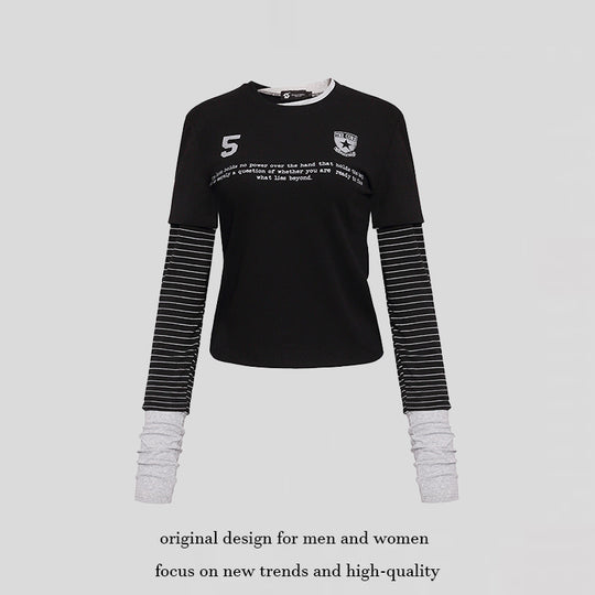 Damen Lagenlook-Langarmshirt mit gestreiften Einsatzärmeln und Badge Shop Nory