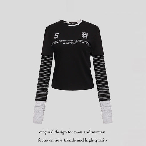 Damen Lagenlook-Langarmshirt mit gestreiften Einsatzärmeln und Badge Shop Nory