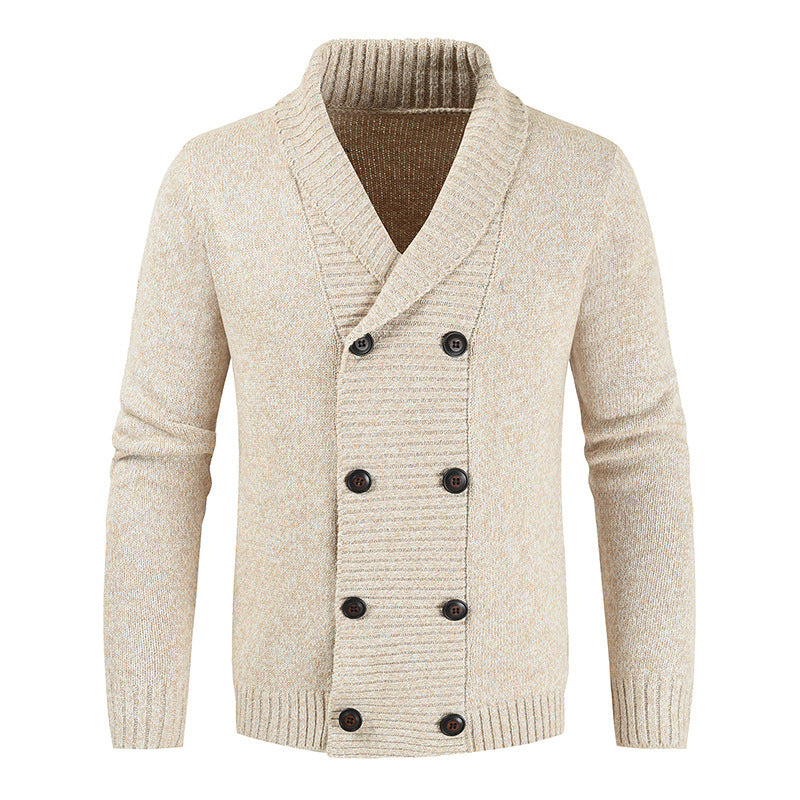 Herren doppelreihige Strickcardigan mit Schalkragen, strukturierter Maschenoptik und gerippten Bündchen Shop Nory