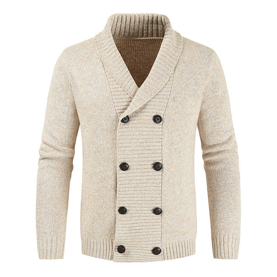 Herren doppelreihige Strickcardigan mit Schalkragen, strukturierter Maschenoptik und gerippten Bündchen Shop Nory