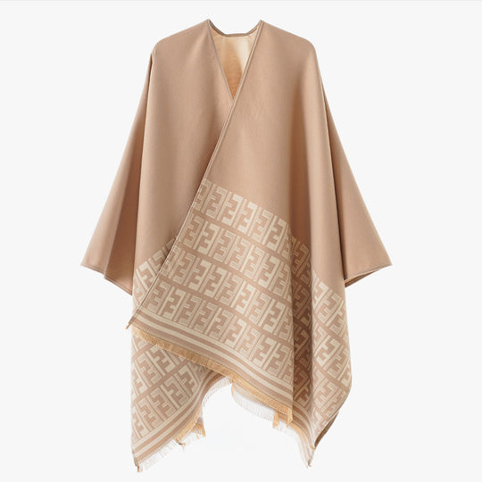 Damen Eleganter Cape-Überwurf im Kimono-Schnitt mit eingewebtem Monogramm und Fransensaum Shop Nory