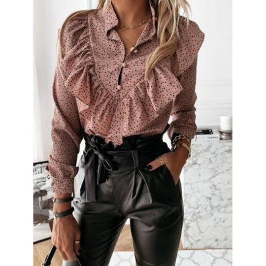 Damen Volantbluse mit Rüschenkragen, geraffter Taille und Tupfenprint Shop Nory