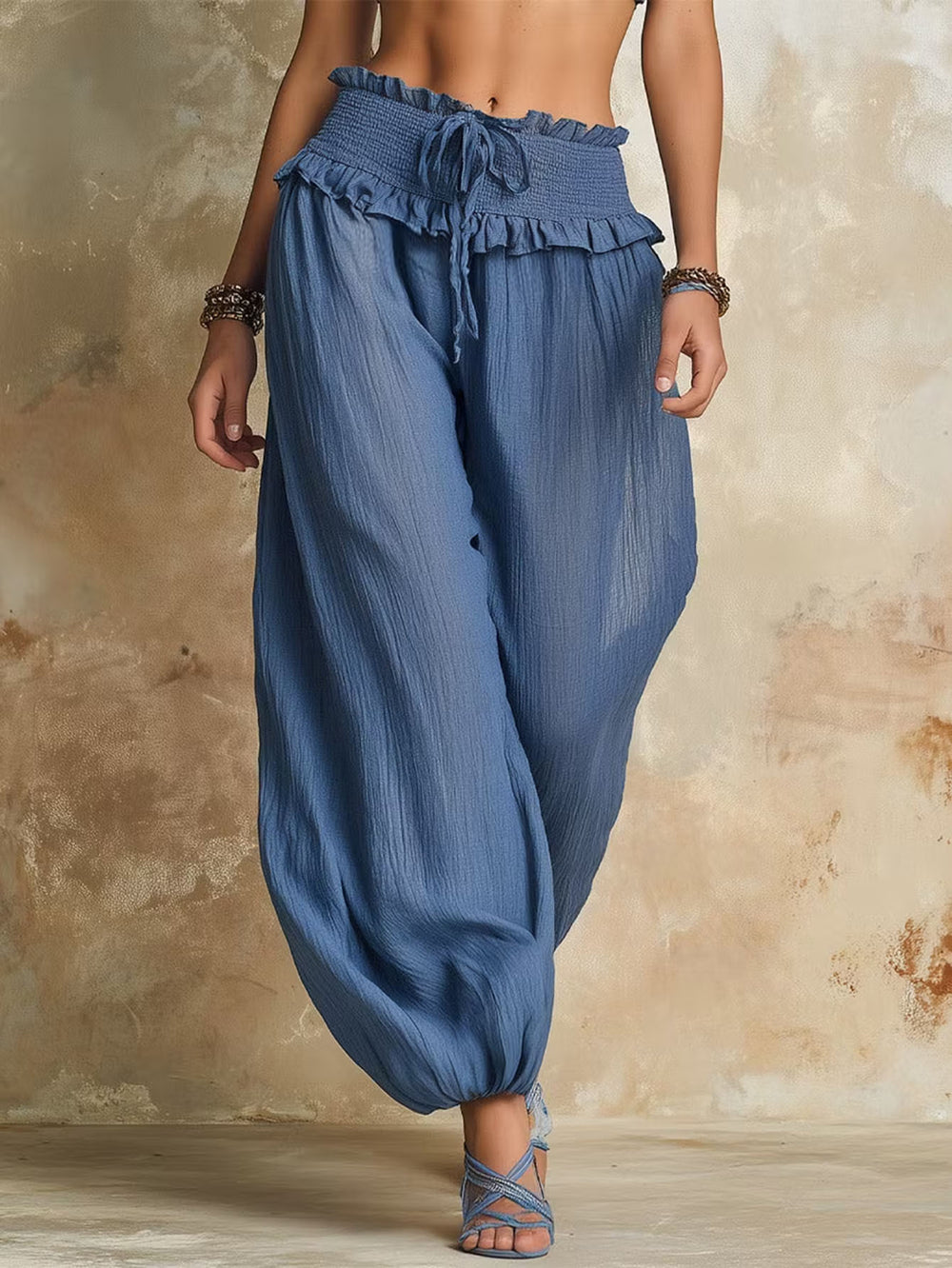 Damen Weite Haremshose mit gerafftem Smock-Bund und elastischen Knöchelabschlüssen Shop Nory