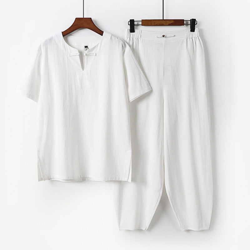 Herren Zweiteiliges Set mit Kurzarm-Stehkragenhemd und elastischer Haremshose Shop Nory