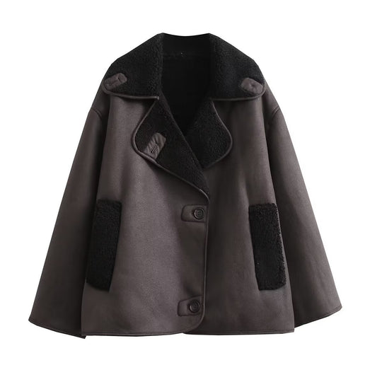 Damen Kastenförmige Kurzjacke aus Velourslederimitat mit Teddykragen und verdeckter Knopfleiste Shop Nory