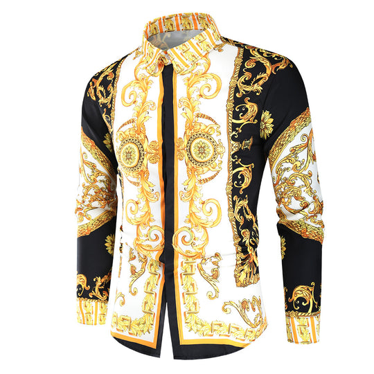 Herren nan barockes Langarm-Hemd mit ornamentalem Druck, Kentkragen und tailliertem Schnitt Shop Nory