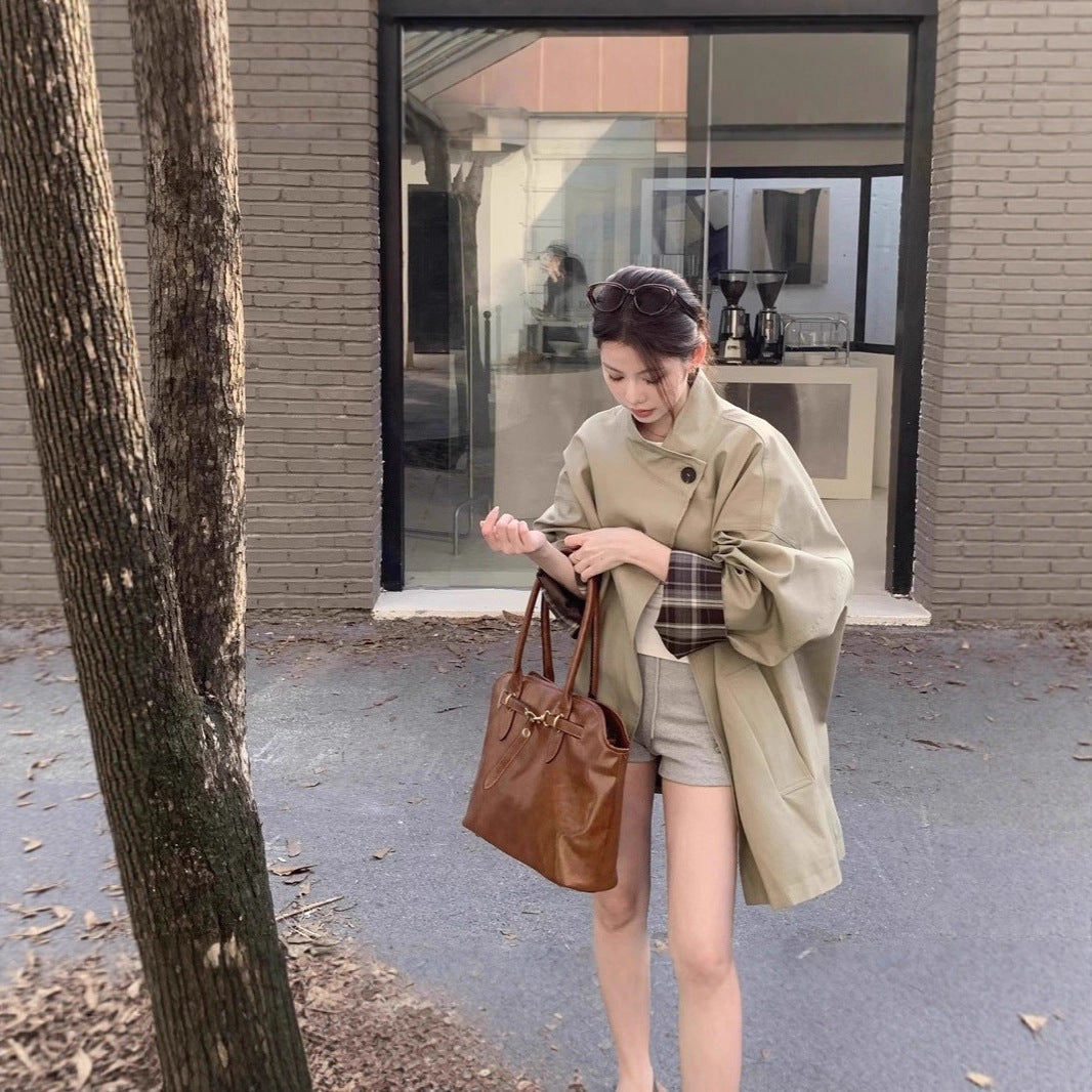 Damen Oversized Kurzmantel mit Stehkragen und kariertem Ärmelfutter Shop Nory