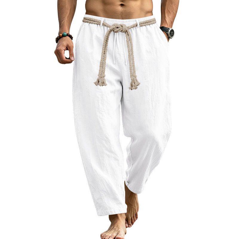 Herren lässige Leinen-Loungehose mit elastischem Bund, dekorativem Seilgürtel und Seitentaschen Shop Nory