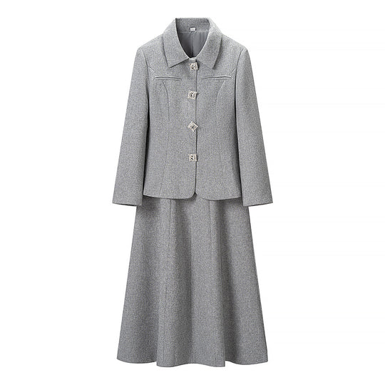 Damen Zweiteiliges Wollmix-Set mit tailliertem Kurzblazer und ausgestelltem Midirock Shop Nory