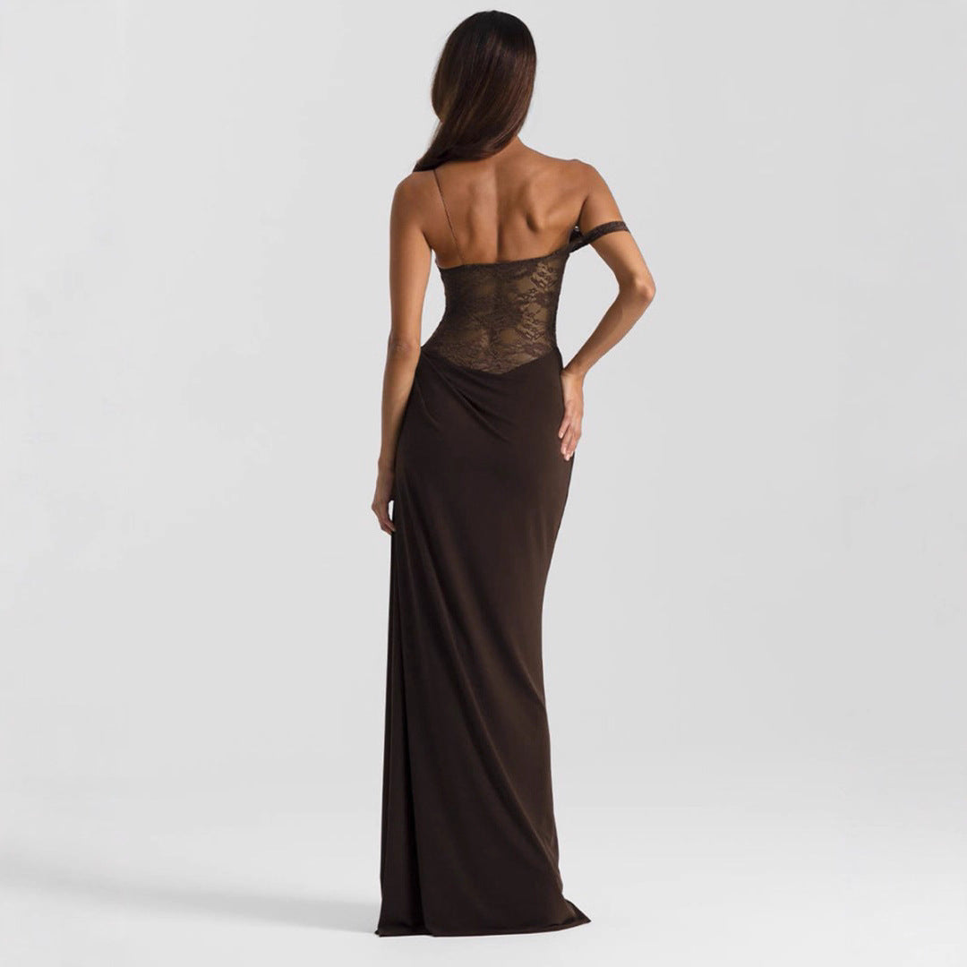Damen Elegantes Cocktailkleid mit Spitzenoberteil und fließendem Rock