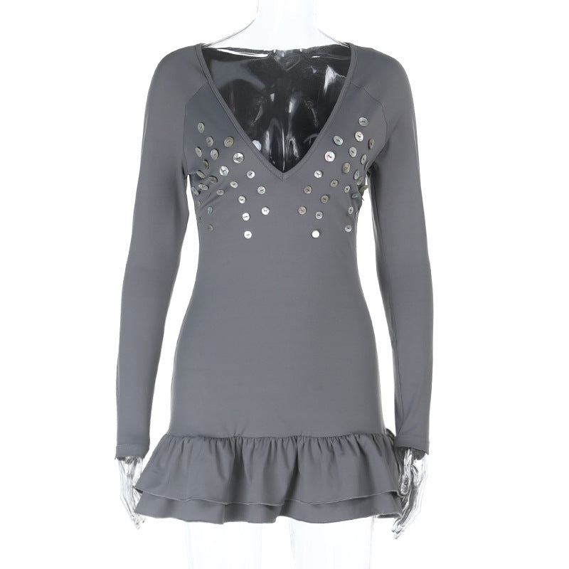 Damen figurbetontes Langarm-Minikleid mit tiefem V-Ausschnitt, Paillettenapplikation und Volant-Saum Shop Nory