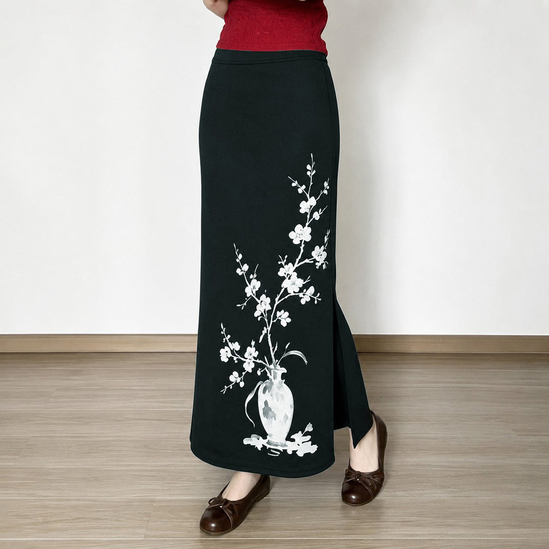 Damen nan ausgestellter Maxi-Rock mit A-Linien-Schnitt, elastischem Bund und floraler Aquarell-Vasen-Print Shop Nory