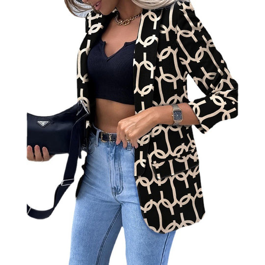 Damen Gemusterter Longblazer mit Kettenmuster, taillierter Silhouette und Pattentaschen Shop Nory
