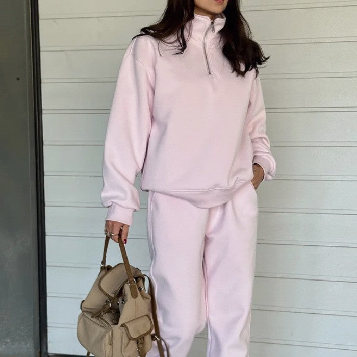Damen Sweatset mit Halbreißverschluss, oversized Pullover und hochtaillierter weit geschnittener Jogginghose Shop Nory