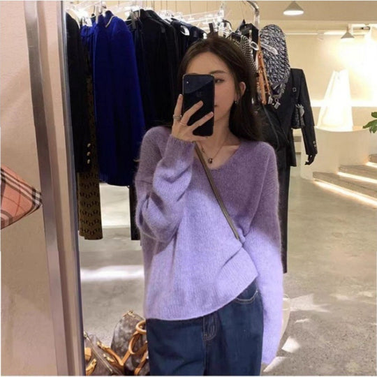 Damen Oversize V‑Ausschnitt Mohair‑Look Pullover mit Angora‑Optik und überschnittener Schulter Shop Nory