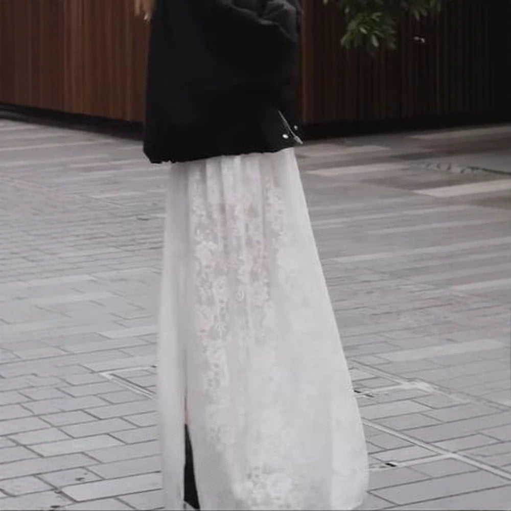 Damen Maxirock aus transparenter Spitze mit hohem Beinschlitz und elastischem Bund Shop Nory