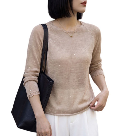 Damen leichter Feinstrickpullover mit dezenter Glitzeroptik und Raglanärmeln Shop Nory