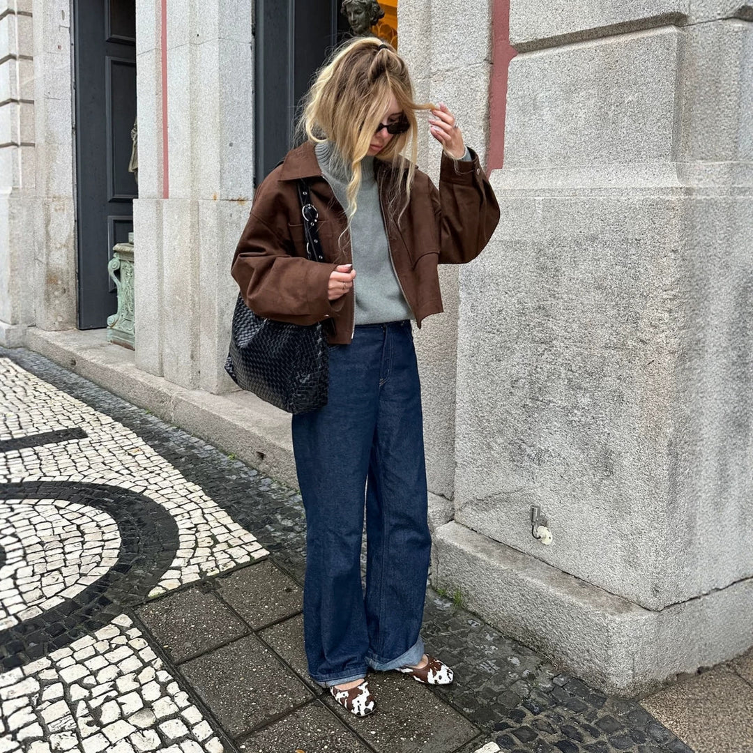 Damen Kurz geschnittene Velours-Workerjacke mit Reißverschluss und aufgesetzten Taschen Shop Nory